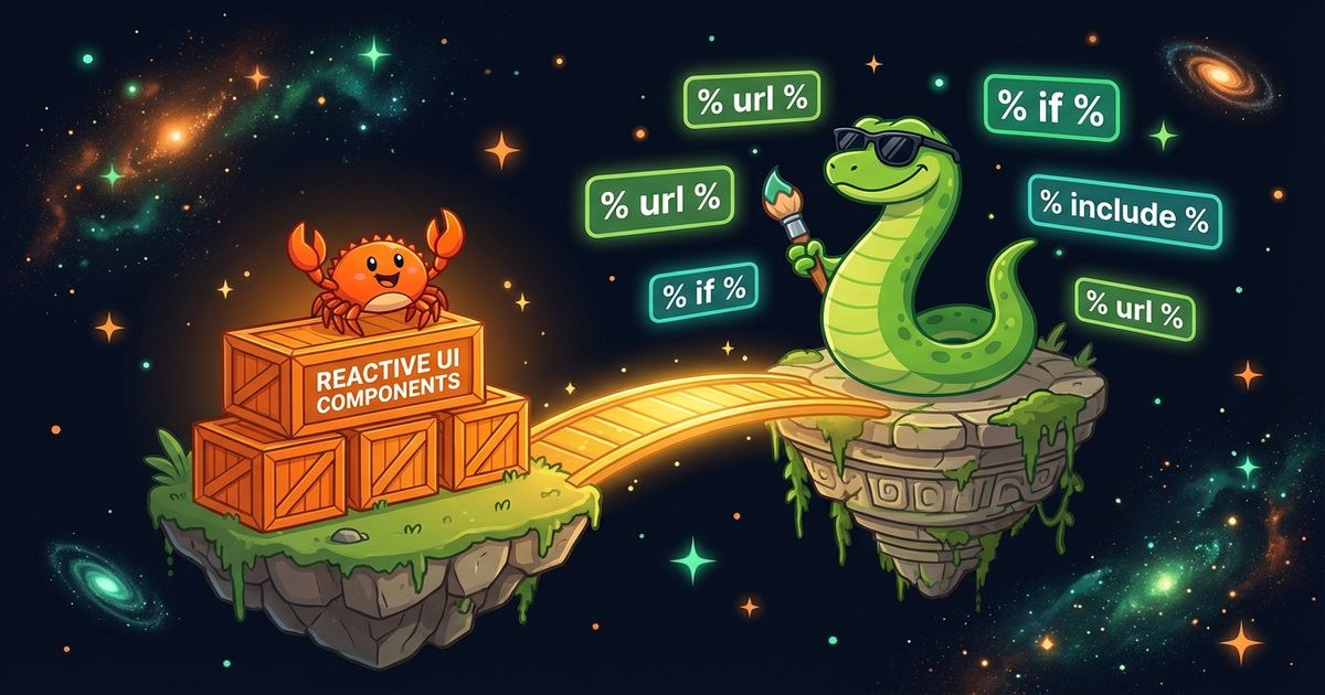 Code blocks showing Django template syntax transforming into high-performance rendering