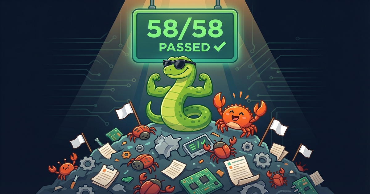 VDOM torture test results showing 58 tests passing